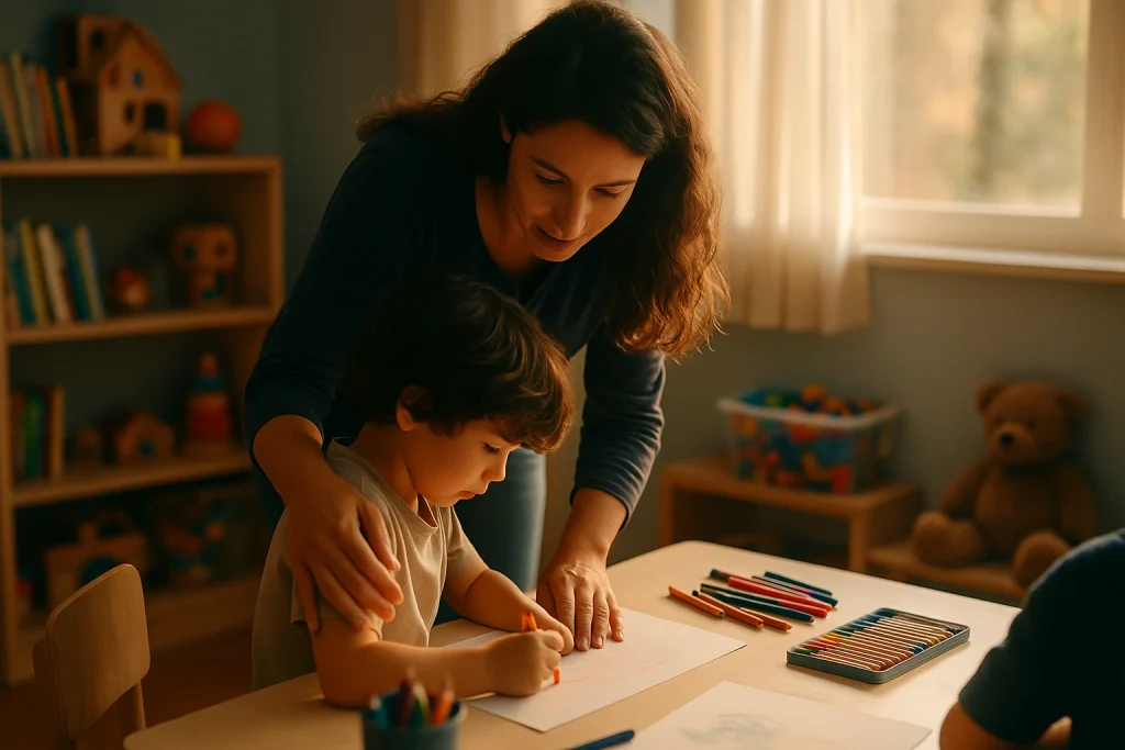 אם ואב בוחנים ילד קטן שמצייר בשולחן עם צבעים וצעצועים בחדר מואר.