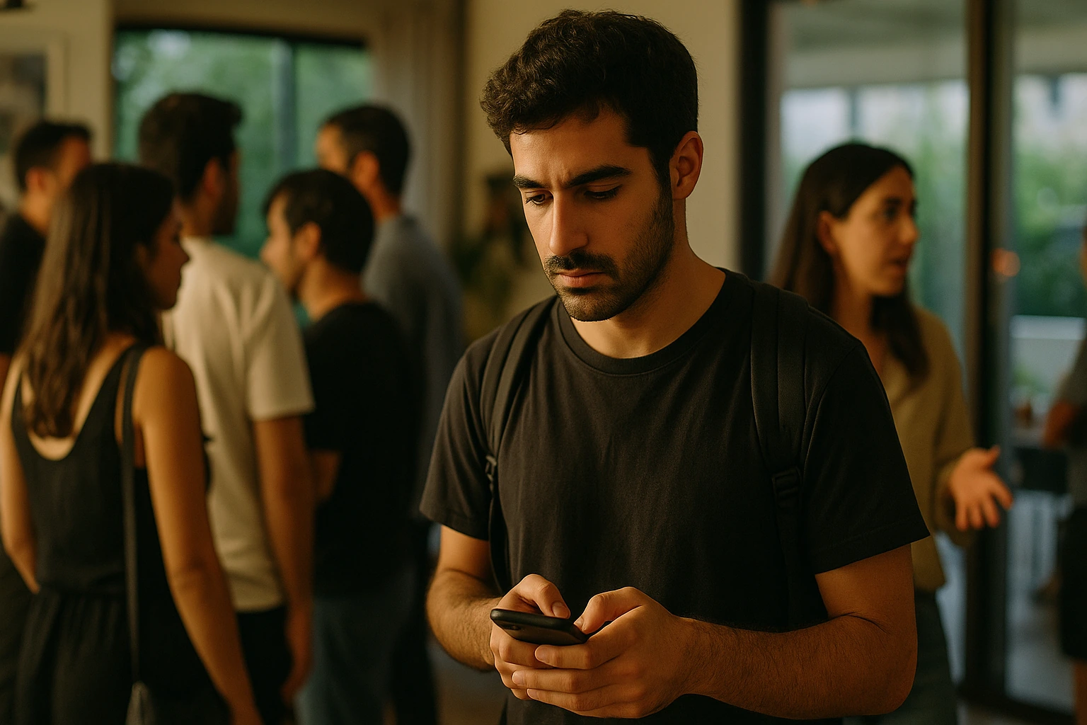 גבר צעיר מחזיק טלפון נייד, מתמקד בו, בזמן שמסביבו קבוצת אנשים משוחחים.