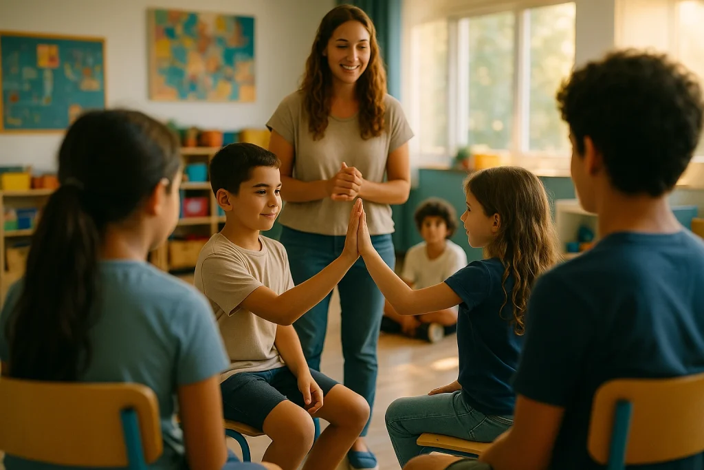 ילדים בכיתה משחקים משחק חיבוק עם מורה, יושבים על כיסאות ומחייכים.