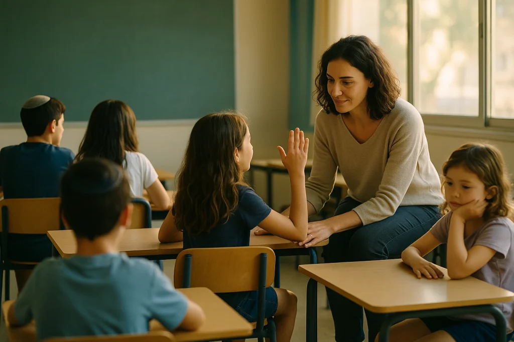 מורה יושבת עם תלמידה בכיתה, תלמידים נוספים יושבים בשולחנות מאחוריהם. אור טבעי נכנס מהחלון.