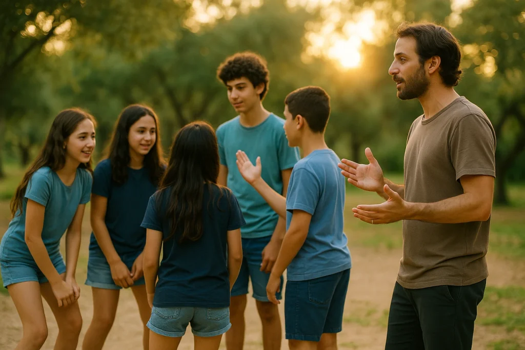 קבוצה של ילדים משחקים בחוץ, עומדים במעגל, עם גבר מדבר אליהם ברקע של עצים ושמש שוקעת.