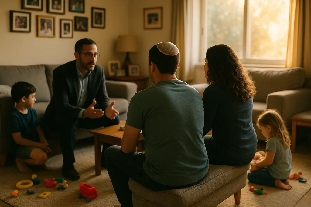 גבר מדבר עם זוג ישוב על ספה, ילדים משחקים על הרצפה בחדר מואר עם תמונות על הקירות.